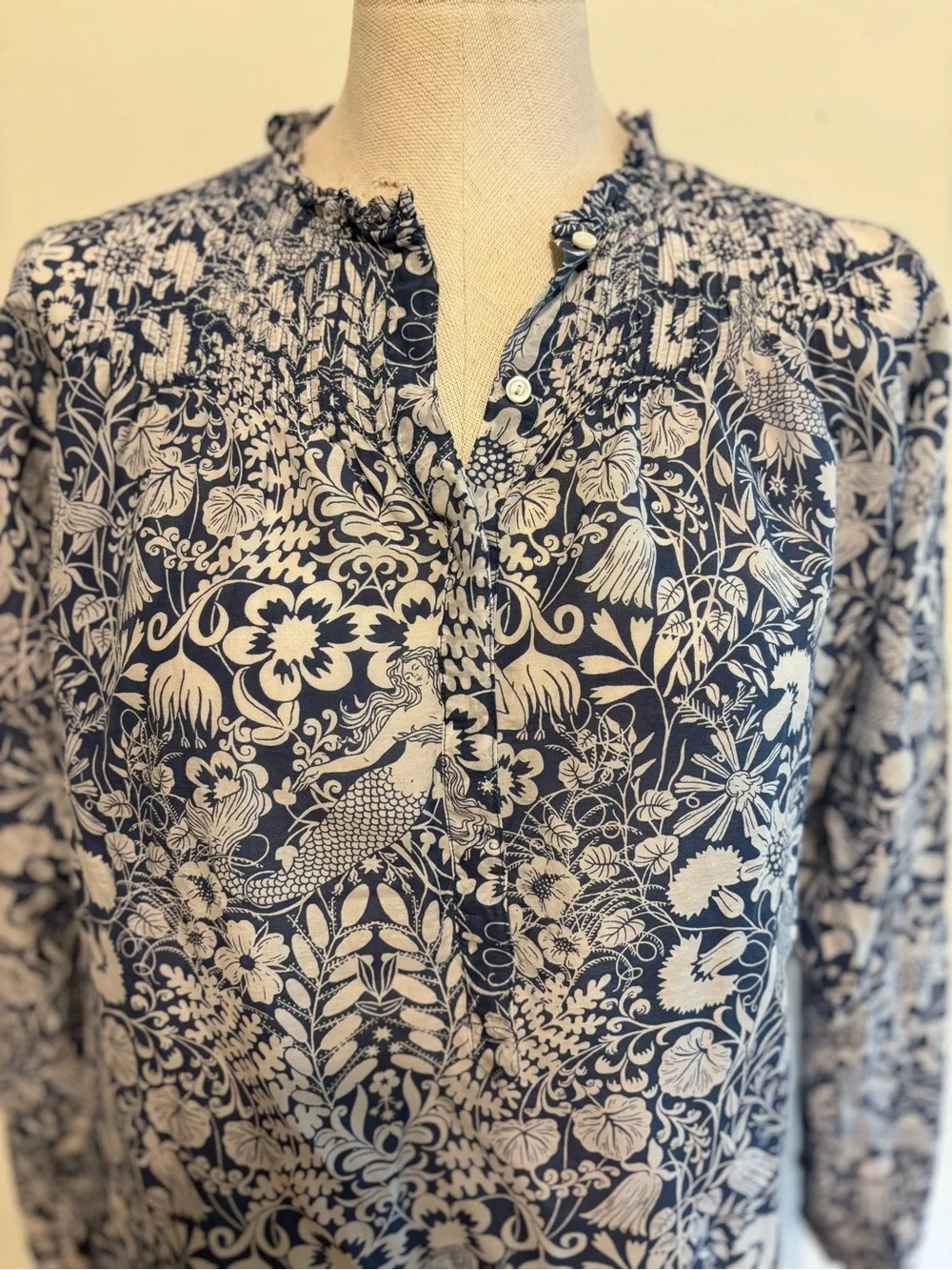 J.CREW Collection Silk-Cotton Smocked Ruffle-Neck Top in Mermaid Floral 4